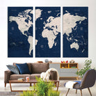 Large Modern World Map Wall Art Canvas Print | 3 Panel Vintage Map for Living Room, Office, or Study | Beige and Navy World Map Art, Ready