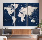 Large Modern World Map Wall Art Canvas Print | 3 Panel Vintage Map for Living Room, Office, or Study | Beige and Navy World Map Art, Ready