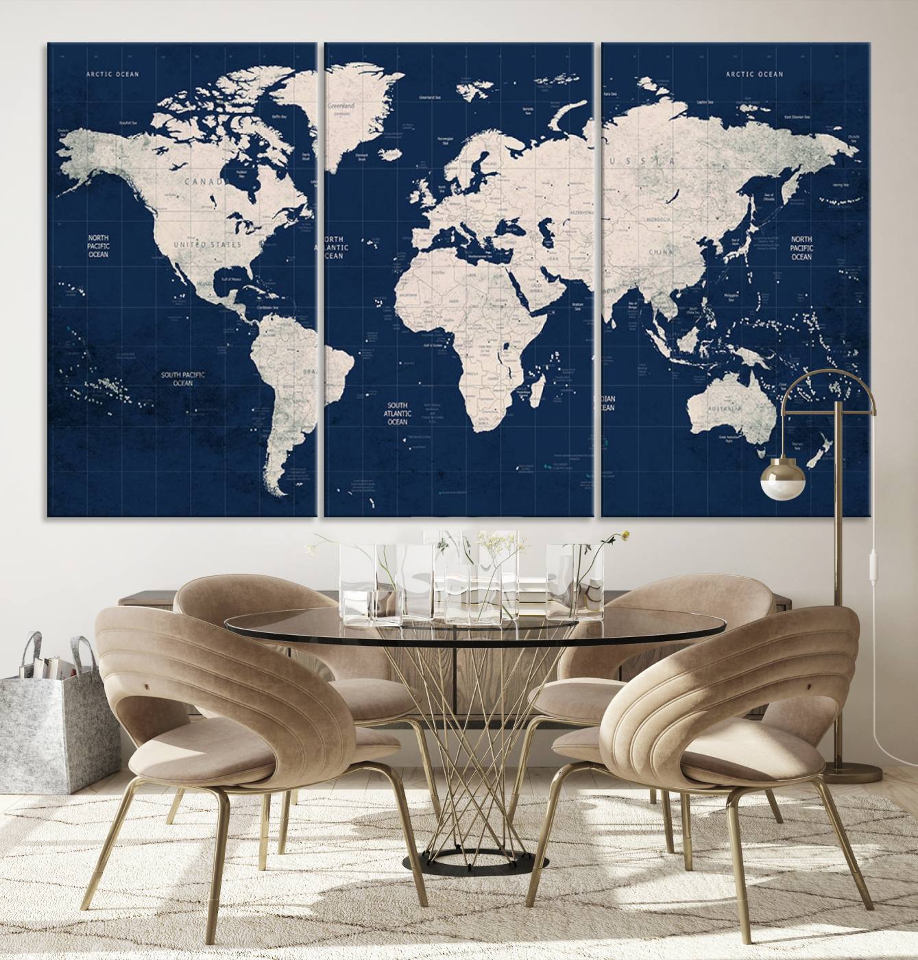 Large Modern World Map Wall Art Canvas Print | 3 Panel Vintage Map for Living Room, Office, or Study | Beige and Navy World Map Art, Ready