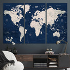 Large Modern World Map Wall Art Canvas Print | 3 Panel Vintage Map for Living Room, Office, or Study | Beige and Navy World Map Art, Ready
