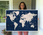 Large Modern World Map Wall Art Canvas Print | 3 Panel Vintage Map for Living Room, Office, or Study | Beige and Navy World Map Art, Ready