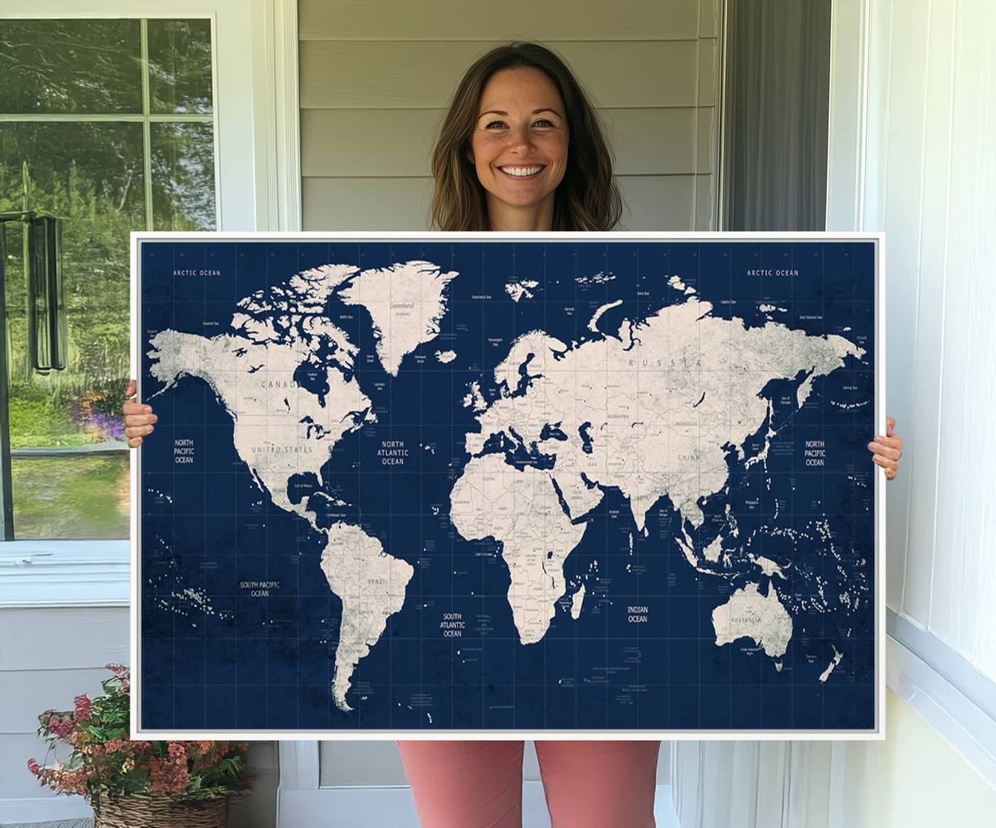Large Modern World Map Wall Art Canvas Print | 3 Panel Vintage Map for Living Room, Office, or Study | Beige and Navy World Map Art, Ready
