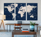 Large Modern World Map Wall Art Canvas Print | 3 Panel Vintage Map for Living Room, Office, or Study | Beige and Navy World Map Art, Ready
