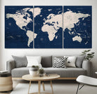 Large Modern World Map Wall Art Canvas Print | 3 Panel Vintage Map for Living Room, Office, or Study | Beige and Navy World Map Art, Ready