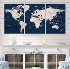Large Modern World Map Wall Art Canvas Print | 3 Panel Vintage Map for Living Room, Office, or Study | Beige and Navy World Map Art, Ready