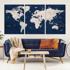 Large Modern World Map Wall Art Canvas Print | 3 Panel Vintage Map for Living Room, Office, or Study | Beige and Navy World Map Art, Ready