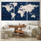Large Modern World Map Wall Art Canvas Print | 3 Panel Vintage Map for Living Room, Office, or Study | Beige and Navy World Map Art, Ready