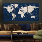 17866-MGV-CV-36X24-Large Modern World Map Wall Art Canvas Print | 3 Panel Vintage Map for Living Room, Office, or Study | Beige and Navy World Map Art, Ready
