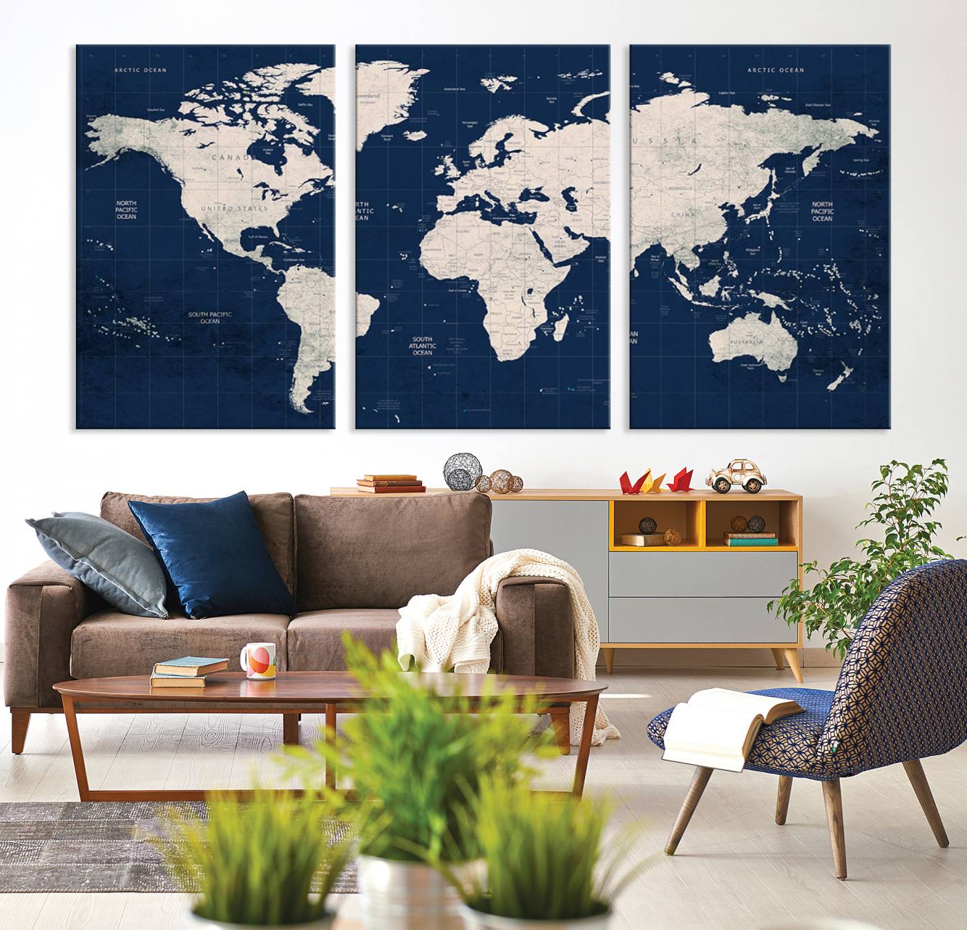 17866-MGV-CV-36X24-Large Modern World Map Wall Art Canvas Print | 3 Panel Vintage Map for Living Room, Office, or Study | Beige and Navy World Map Art, Ready