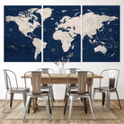 17866-MGV-CV-36X24-Large Modern World Map Wall Art Canvas Print | 3 Panel Vintage Map for Living Room, Office, or Study | Beige and Navy World Map Art, Ready