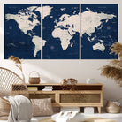 17866-MGV-CV-36X24-Large Modern World Map Wall Art Canvas Print | 3 Panel Vintage Map for Living Room, Office, or Study | Beige and Navy World Map Art, Ready