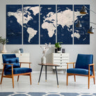 17866-MGV-CV-36X24-Large Modern World Map Wall Art Canvas Print | 3 Panel Vintage Map for Living Room, Office, or Study | Beige and Navy World Map Art, Ready
