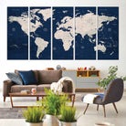 17866-MGV-CV-36X24-Large Modern World Map Wall Art Canvas Print | 3 Panel Vintage Map for Living Room, Office, or Study | Beige and Navy World Map Art, Ready