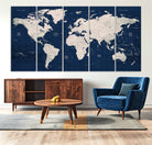 17866-MGV-CV-36X24-Large Modern World Map Wall Art Canvas Print | 3 Panel Vintage Map for Living Room, Office, or Study | Beige and Navy World Map Art, Ready