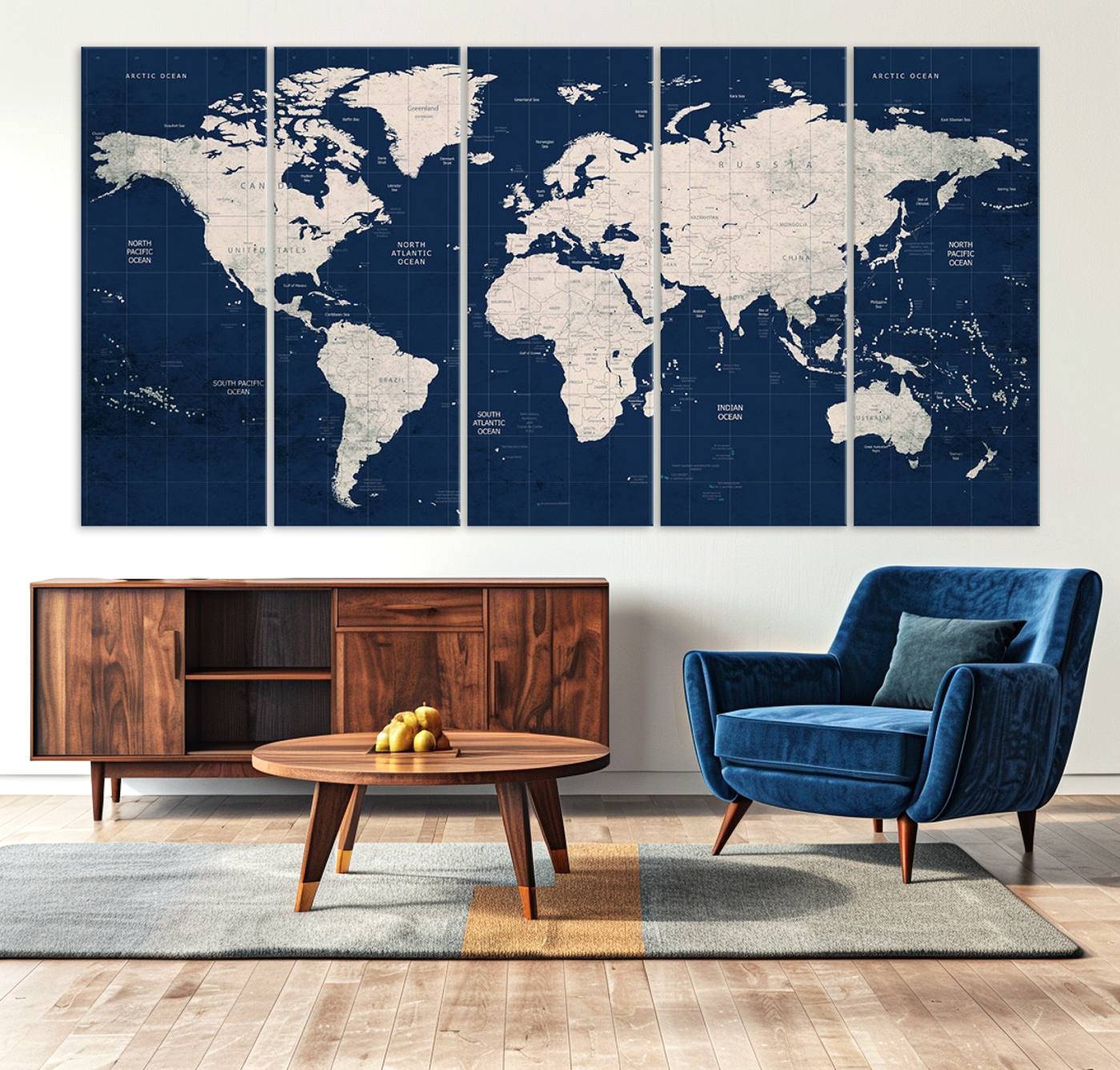 17866-MGV-CV-36X24-Large Modern World Map Wall Art Canvas Print | 3 Panel Vintage Map for Living Room, Office, or Study | Beige and Navy World Map Art, Ready