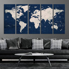 17866-MGV-CV-36X24-Large Modern World Map Wall Art Canvas Print | 3 Panel Vintage Map for Living Room, Office, or Study | Beige and Navy World Map Art, Ready
