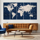 17866-MGV-CV-36X24-Large Modern World Map Wall Art Canvas Print | 3 Panel Vintage Map for Living Room, Office, or Study | Beige and Navy World Map Art, Ready