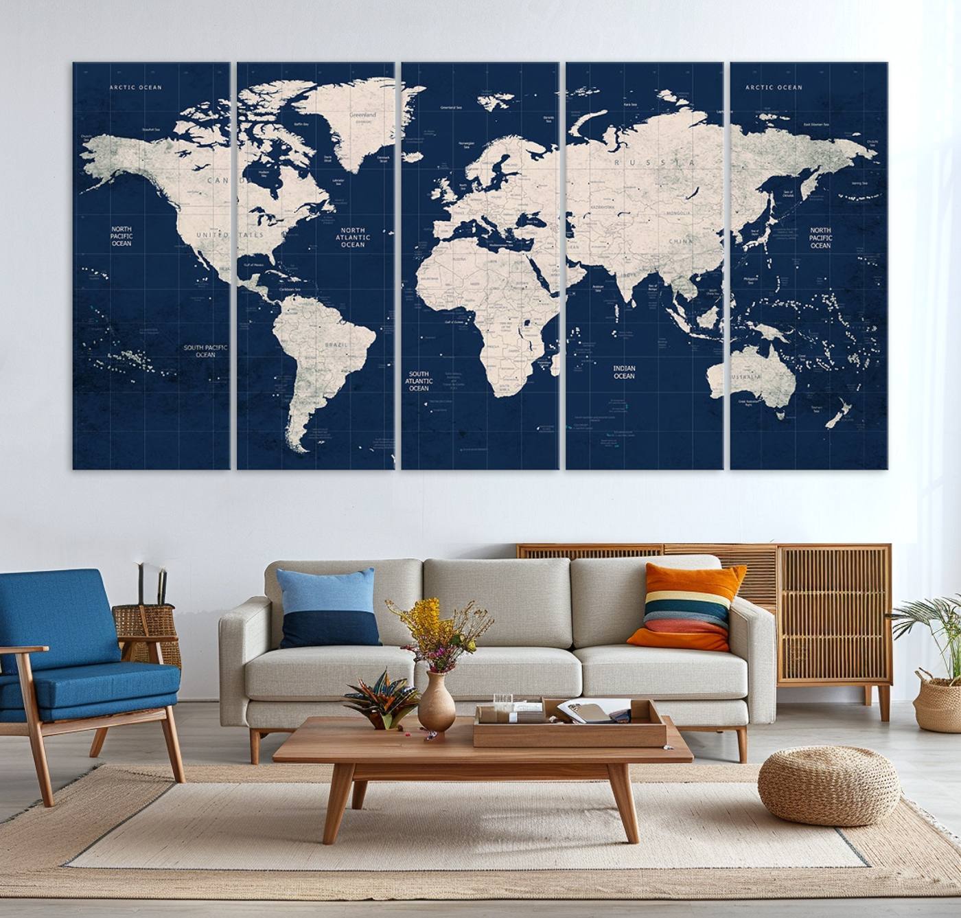 17866-MGV-CV-36X24-Large Modern World Map Wall Art Canvas Print | 3 Panel Vintage Map for Living Room, Office, or Study | Beige and Navy World Map Art, Ready