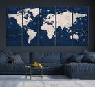 17866-MGV-CV-36X24-Large Modern World Map Wall Art Canvas Print | 3 Panel Vintage Map for Living Room, Office, or Study | Beige and Navy World Map Art, Ready