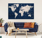 Large Modern World Map Wall Art Canvas Print | 3 Panel Vintage Map for Living Room, Office, or Study | Beige and Navy World Map Art, Ready