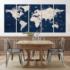 17866-MGV-CV-36X24-Large Modern World Map Wall Art Canvas Print | 3 Panel Vintage Map for Living Room, Office, or Study | Beige and Navy World Map Art, Ready