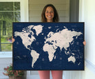 17866-MGV-CV-36X24-Large Modern World Map Wall Art Canvas Print | 3 Panel Vintage Map for Living Room, Office, or Study | Beige and Navy World Map Art, Ready