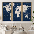 17866-MGV-CV-36X24-Large Modern World Map Wall Art Canvas Print | 3 Panel Vintage Map for Living Room, Office, or Study | Beige and Navy World Map Art, Ready