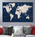 Large Modern World Map Wall Art Canvas Print | 3 Panel Vintage Map for Living Room, Office, or Study | Beige and Navy World Map Art, Ready