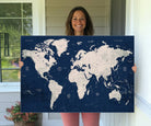 Large Modern World Map Wall Art Canvas Print | 3 Panel Vintage Map for Living Room, Office, or Study | Beige and Navy World Map Art, Ready