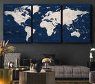 Large Modern World Map Wall Art Canvas Print | 3 Panel Vintage Map for Living Room, Office, or Study | Beige and Navy World Map Art, Ready