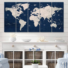 17866-MGV-CV-60X31-5P-Large Modern World Map Wall Art Canvas Print | 3 Panel Vintage Map for Living Room, Office, or Study | Beige and Navy World Map Art, Ready
