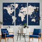 Large Modern World Map Wall Art Canvas Print | 3 Panel Vintage Map for Living Room, Office, or Study | Beige and Navy World Map Art, Ready
