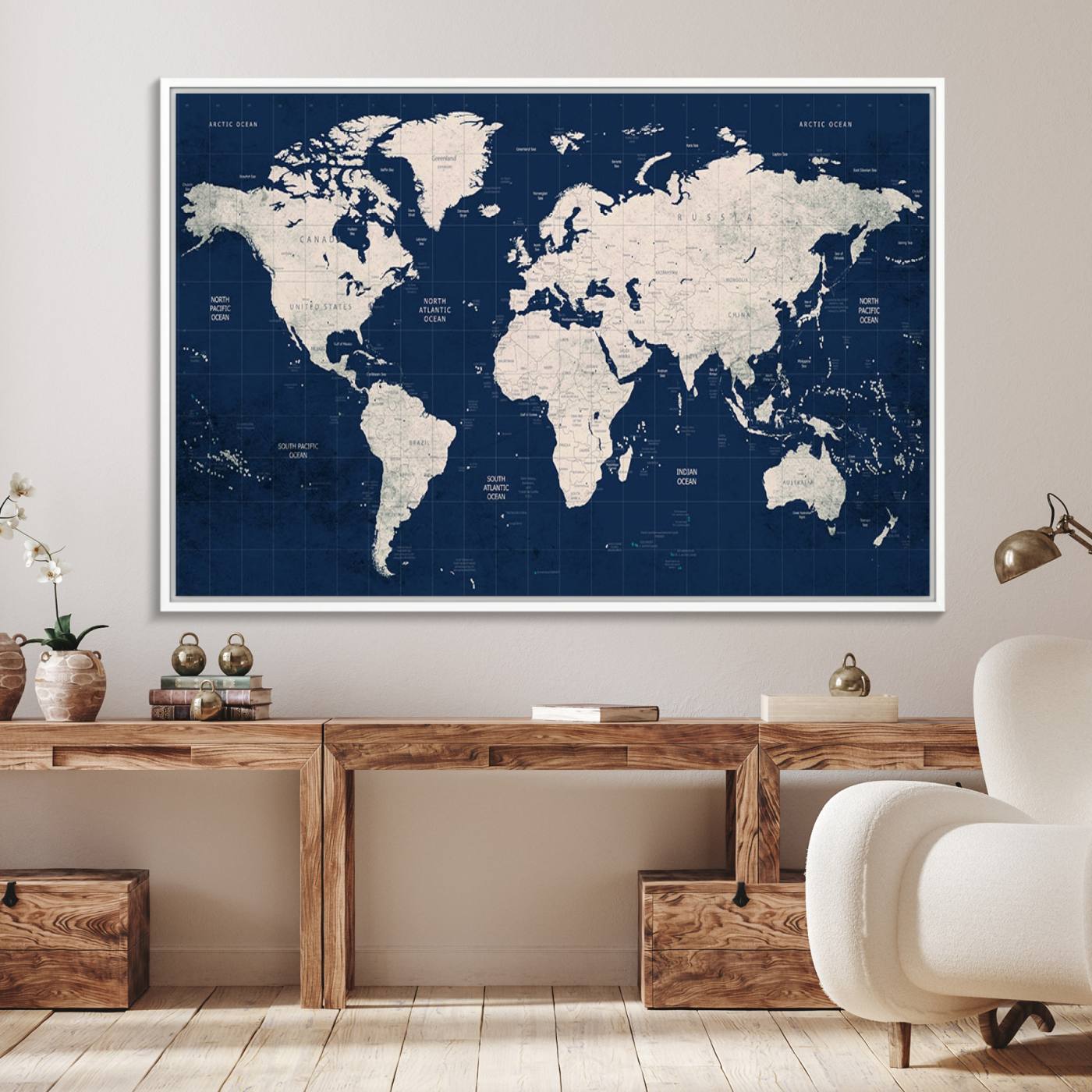 17866-MGV-FC-36X24_White-Large Modern World Map Wall Art Canvas Print | 3 Panel Vintage Map for Living Room, Office, or Study | Beige and Navy World Map Art, Ready