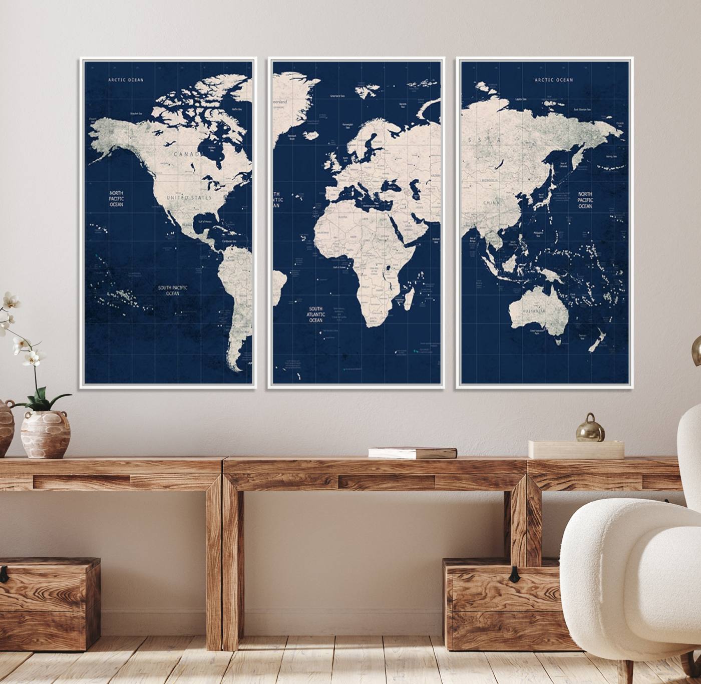 17866-MGV-FC-48X32-3P_White-Large Modern World Map Wall Art Canvas Print | 3 Panel Vintage Map for Living Room, Office, or Study | Beige and Navy World Map Art, Ready