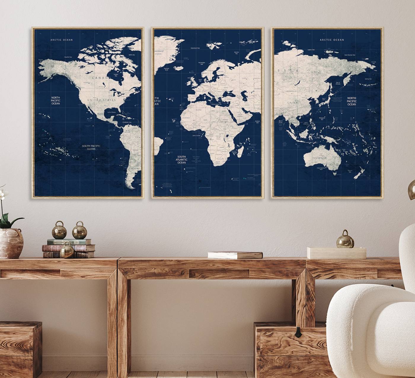 17866-MGV-FC-60X30-3P_Natural-Large Modern World Map Wall Art Canvas Print | 3 Panel Vintage Map for Living Room, Office, or Study | Beige and Navy World Map Art, Ready
