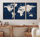 17866-MGV-FC-60X30-3P_Walnut-Large Modern World Map Wall Art Canvas Print | 3 Panel Vintage Map for Living Room, Office, or Study | Beige and Navy World Map Art, Ready