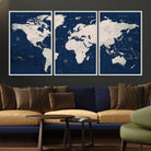 17866-MGV-FC-60X30-3P_White-Large Modern World Map Wall Art Canvas Print | 3 Panel Vintage Map for Living Room, Office, or Study | Beige and Navy World Map Art, Ready