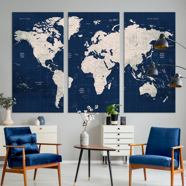 Large Modern World Map Wall Art Canvas Print | 3 Panel Vintage Map for Living Room, Office, or Study | Beige and Navy World Map Art, Ready