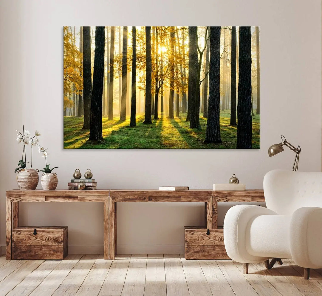 A large wall art landscape canvas print of tall trees at sunset.