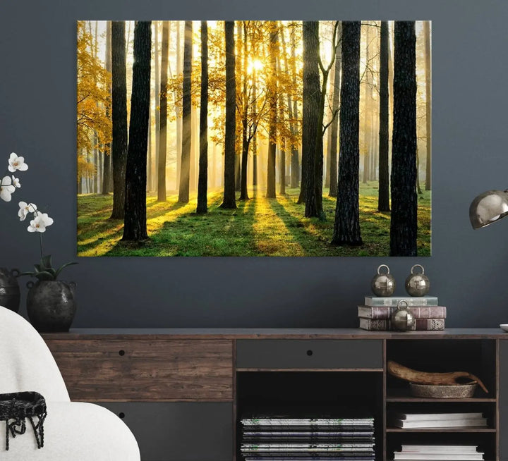 A large wall art landscape canvas print of tall trees at sunset.