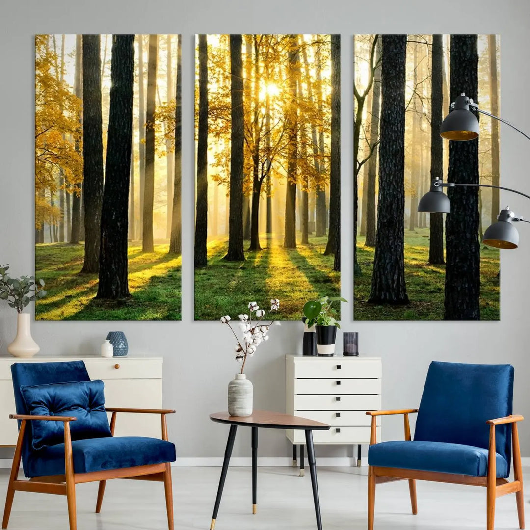 A large wall art landscape canvas print of tall trees at sunset.