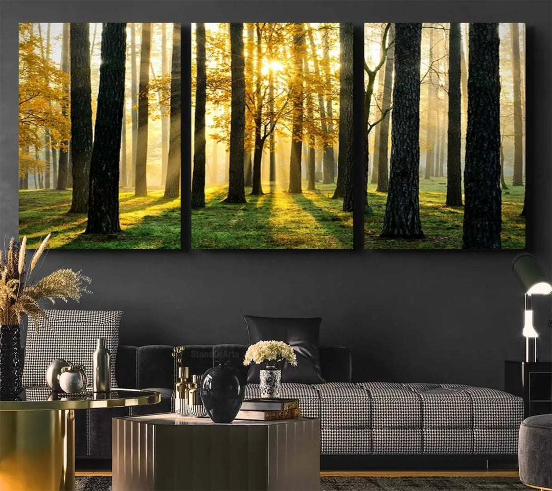 A large wall art landscape canvas print of tall trees at sunset.