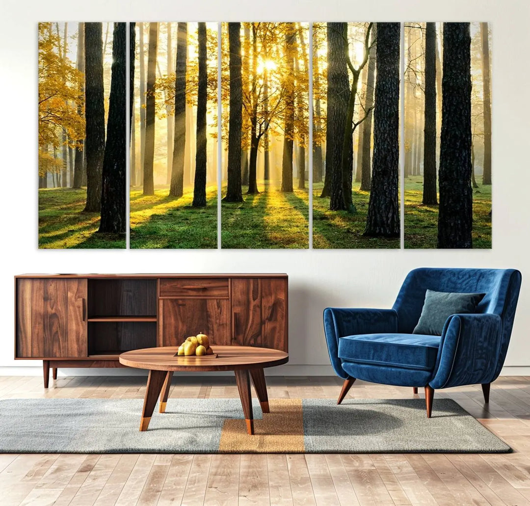 A large wall art landscape canvas print of tall trees at sunset.