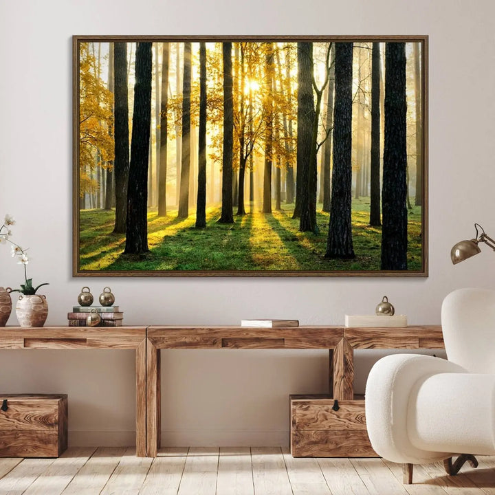 A large wall art landscape canvas print of tall trees at sunset.