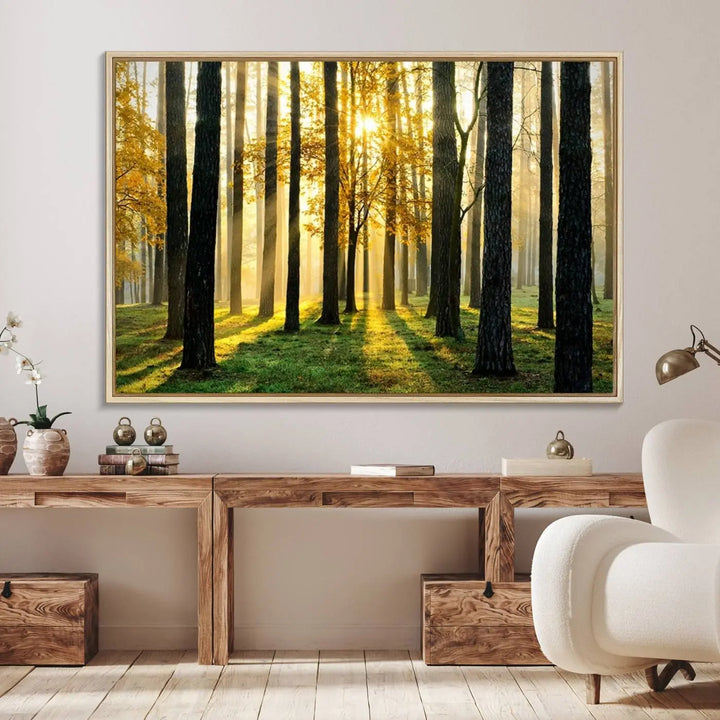 A large wall art landscape canvas print of tall trees at sunset.