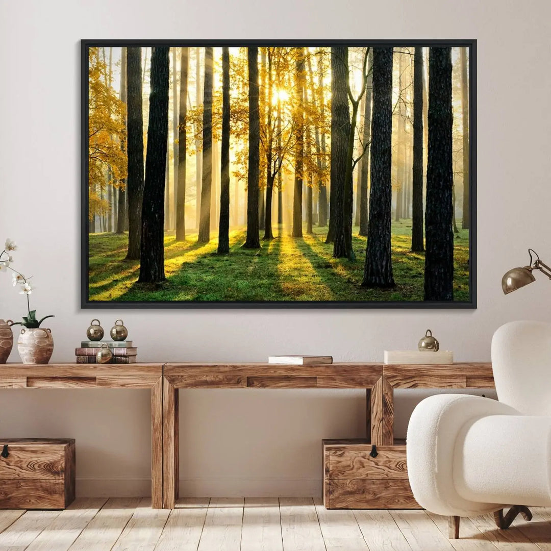 A large wall art landscape canvas print of tall trees at sunset.