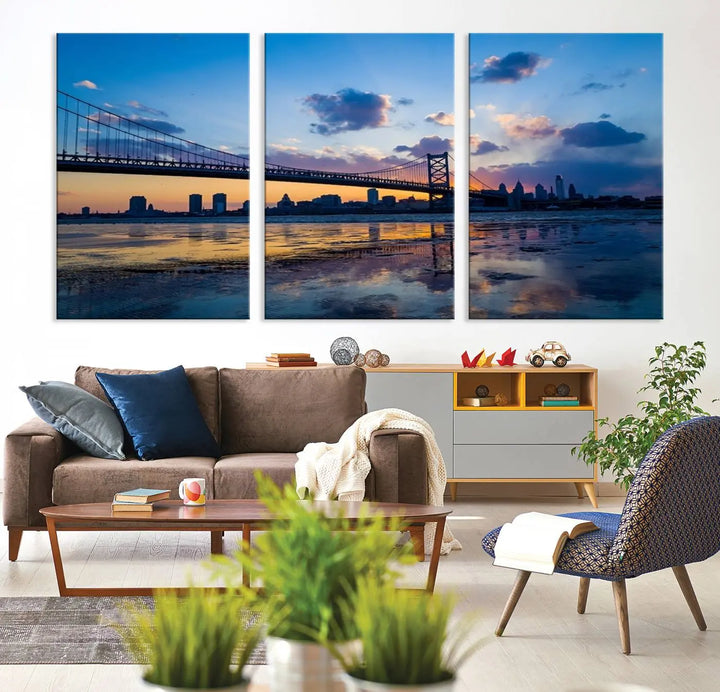 A photograph titled "Large Wall Art Philadelphia Canvas Print - Benjamin Franklin Bridge at Sunset" displays a breathtaking cityscape of the bridge reflected in the water. This image features a gallery-quality finish that promises to transform any space into an evocative memory.