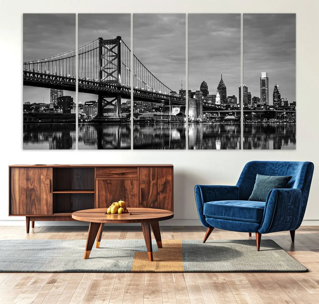 The "Large Wall Art Philadelphia Canvas Print" showcases a black-and-white depiction of the Ben Franklin Bridge with a water reflection.