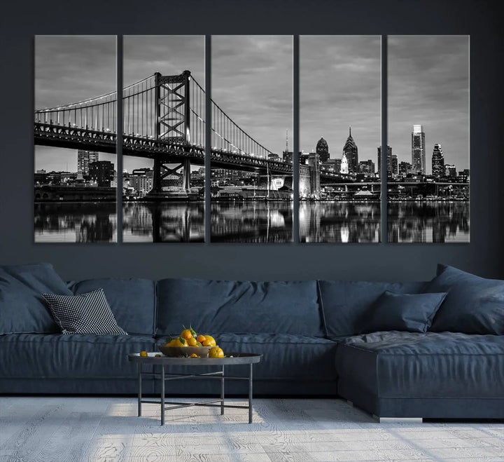 The "Large Wall Art Philadelphia Canvas Print" showcases a black-and-white depiction of the Ben Franklin Bridge with a water reflection.