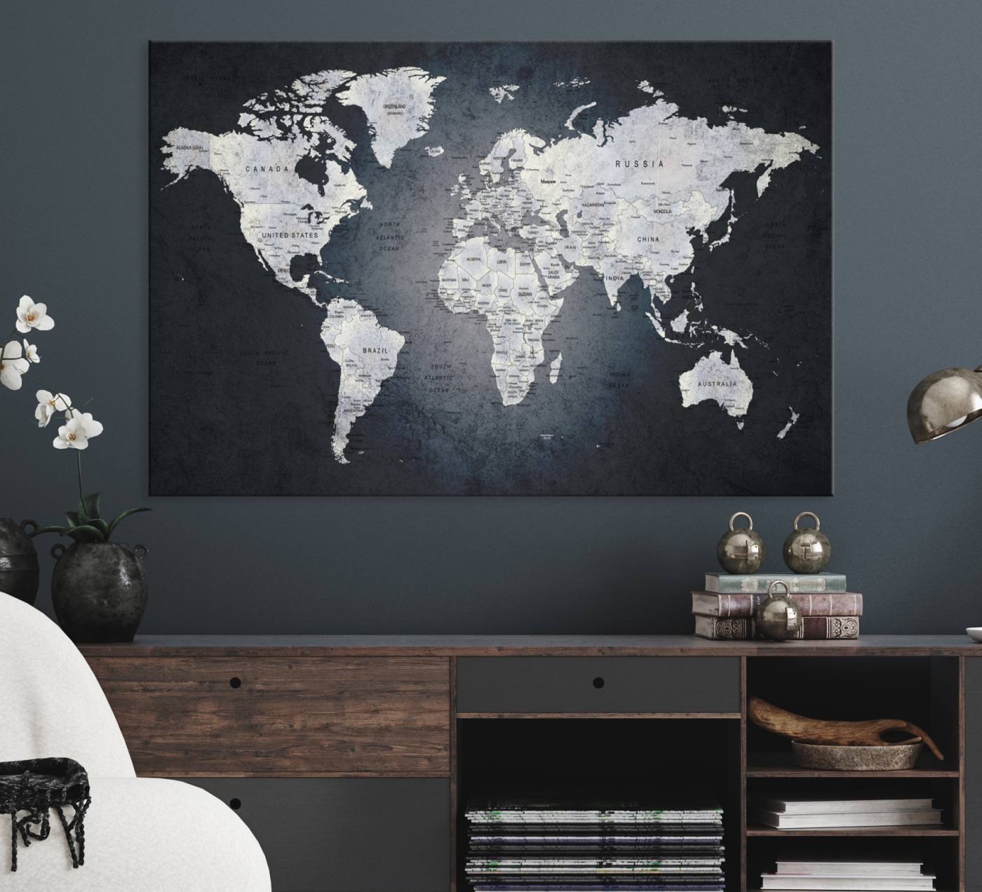 19124-MGV-CV-36X24-Large Wall Art Push Pin World Map Canvas Print